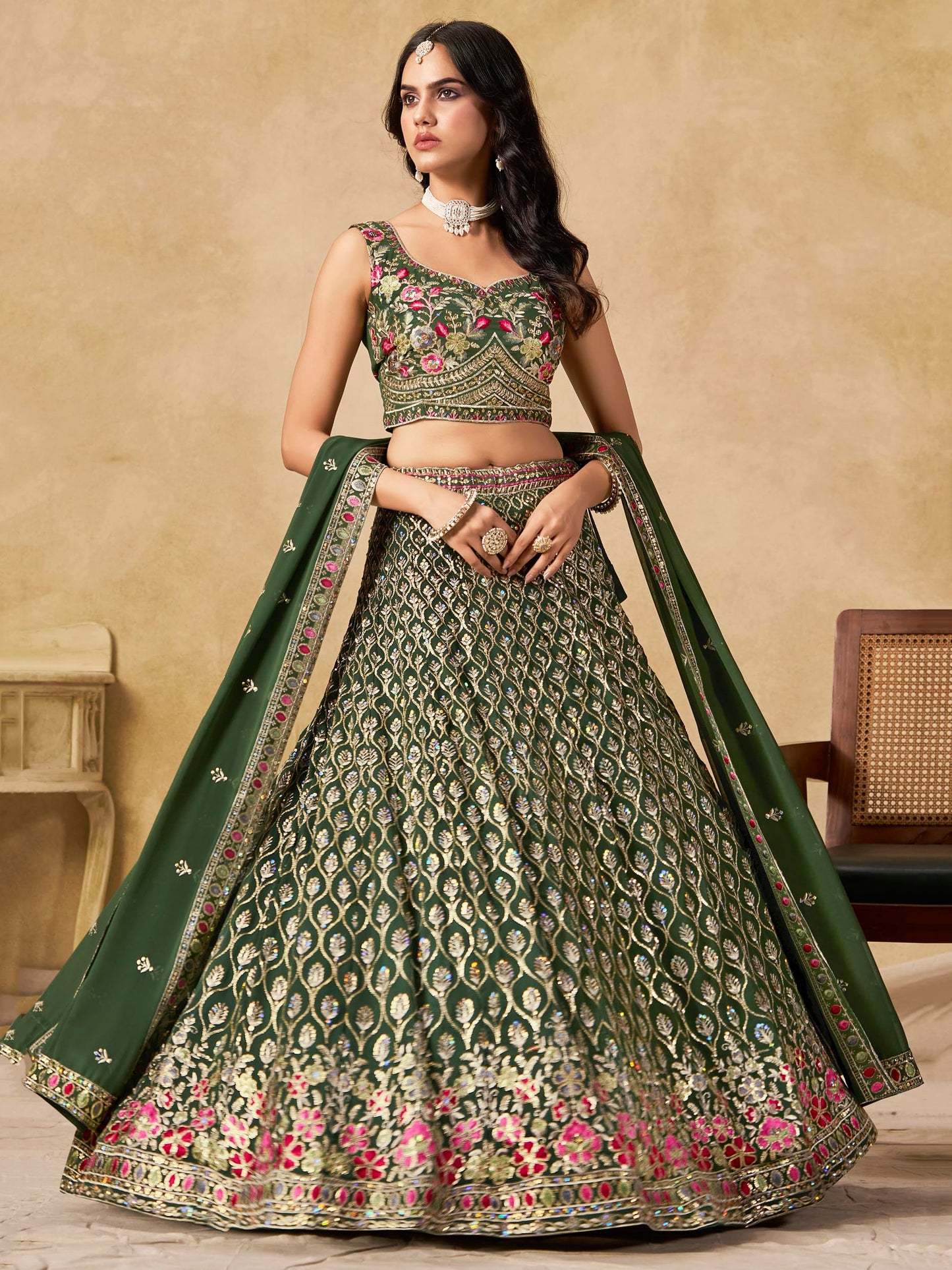 Zeel Clothing Women's Sequins and Thread Embroidered Work Georgette Lehenga Choli With Dupatta (5134-Women-Lehenga-Choli-Latest; Free size) (Green)
