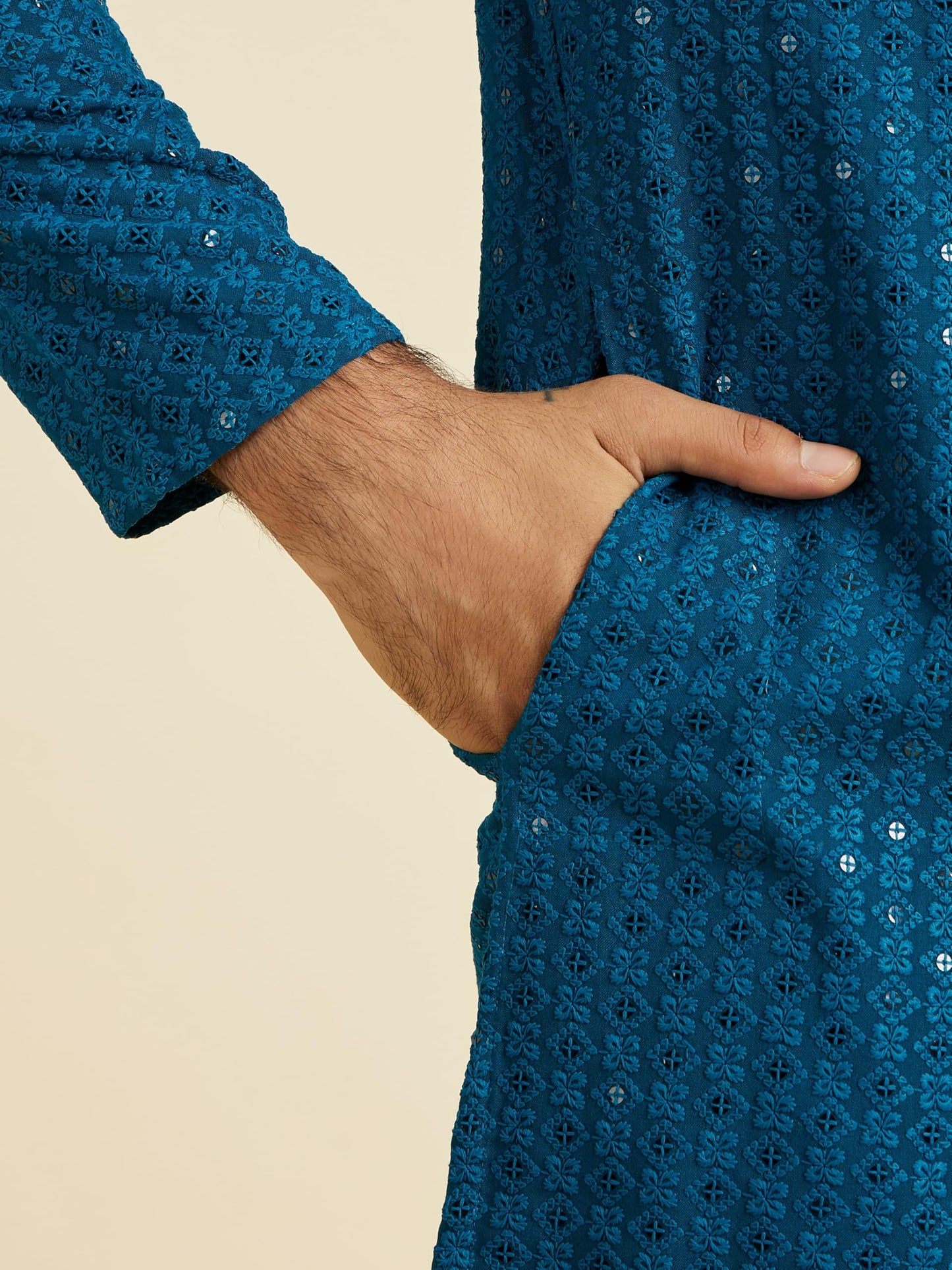 Manyavar Men's Viscose Chikankari Sequinned Kurta Trouser Set(Teal Blue,M)