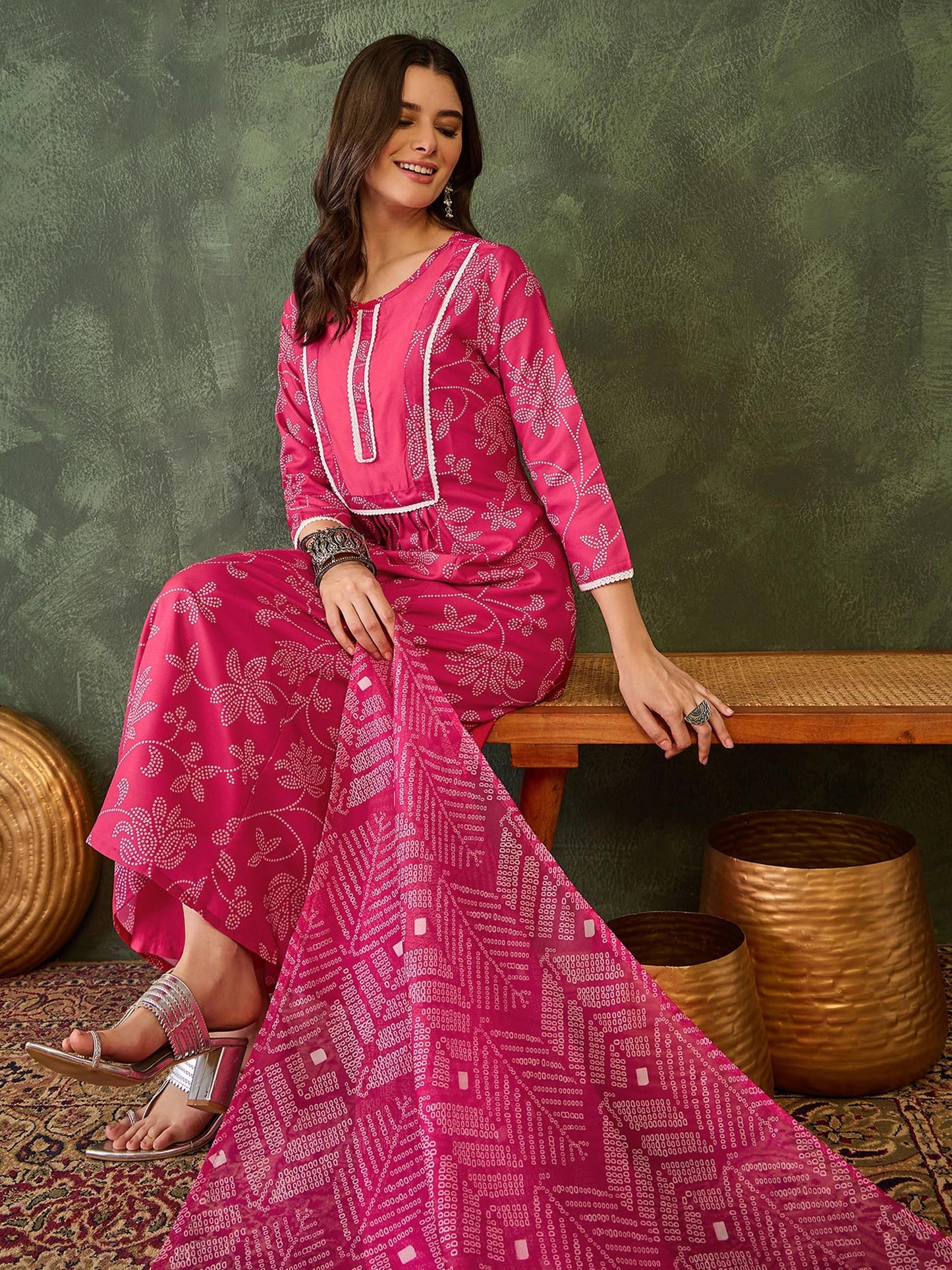 VARNI FABRIC Rayon Kurta Set for Women |Full Sleeves Floral Printed A-Line Kurta Set | Woman Salwar Suit with Pant & Dupatta | Festive Wedding Ethnic Wear | Prefect for Office Summer | Rani | 2XL