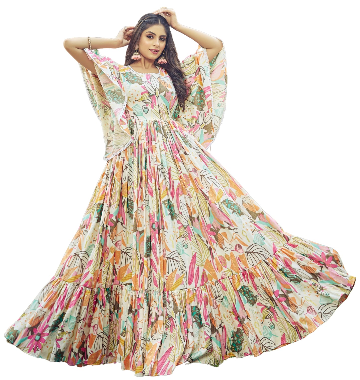 Samprag Rayon Gown for Women | Full Length | Printed | Fit & Flare | Flared & Bell Sleeves | Round Neck | Ethenic Dress | Ideal for Casual, Wedding & Party | Off-White & Sky Blue | S