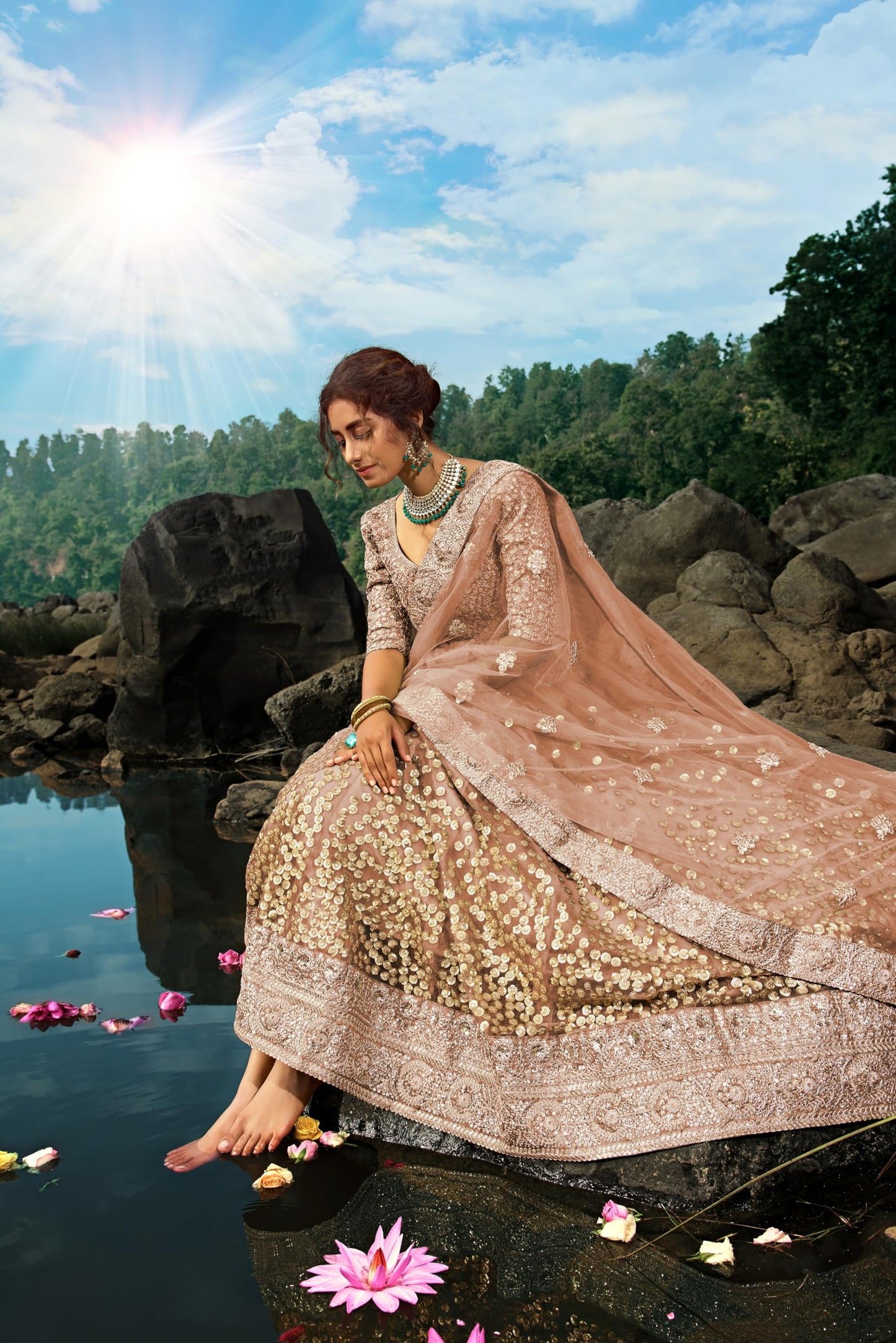 Divine Exim Women's Net Semi Stitched Lehenga Choli with Dupatta | Dori and Sequin Embroidery Pattern | Traditional, Wedding, Ethnic Wear Lehenga (Brown)