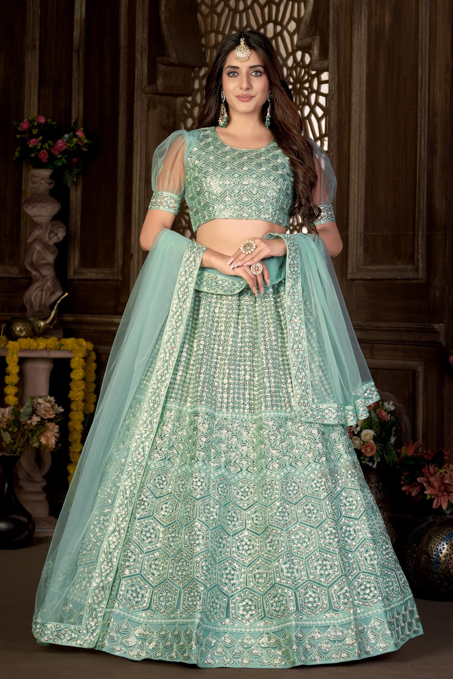 VARNI FABRICS Lehenga set for Women Net Embroidered Sequence Zari Work Semi Stitched Lehenga for Women Wedding Ethnic Traditional Party Lehenga Choli with Dupatta Mehndi Reception| Green | Free Size