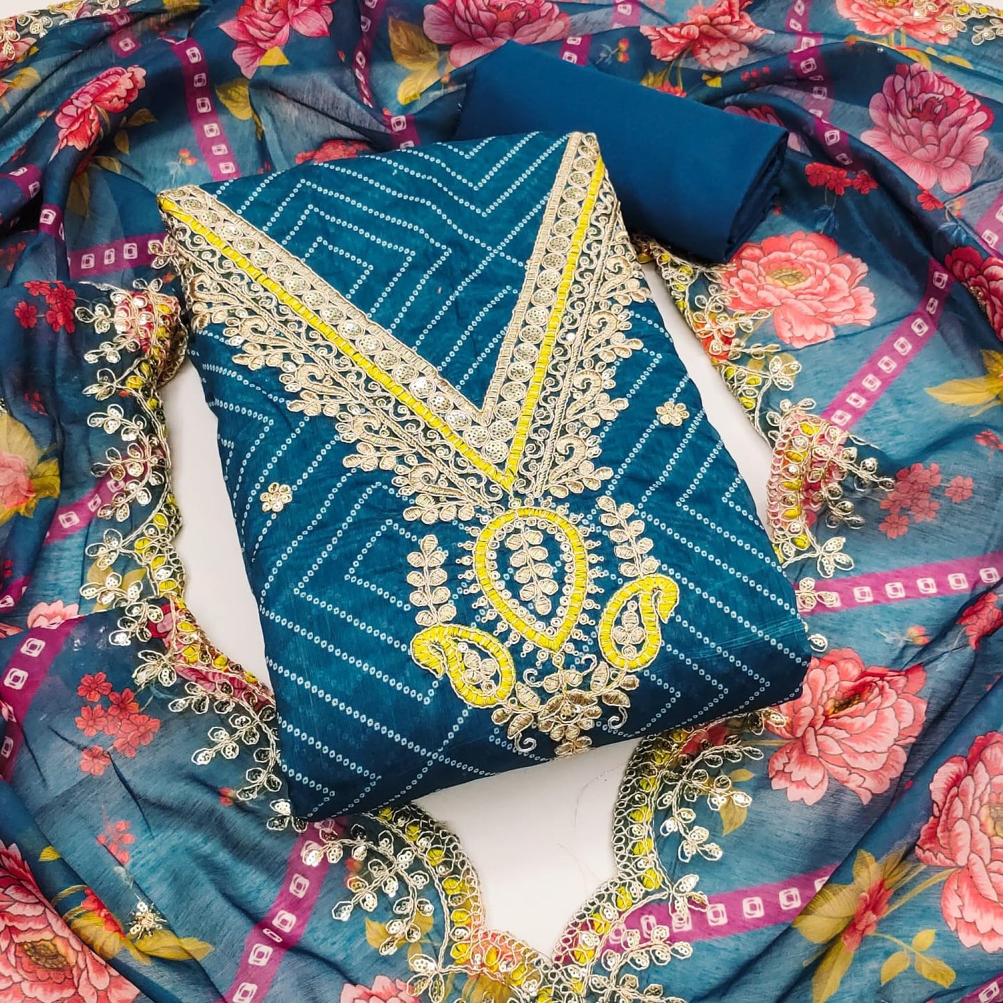 Leeli Peeri Designer Women's Chanderi Bandhani Print With Coding Work Unstitched Dress Material