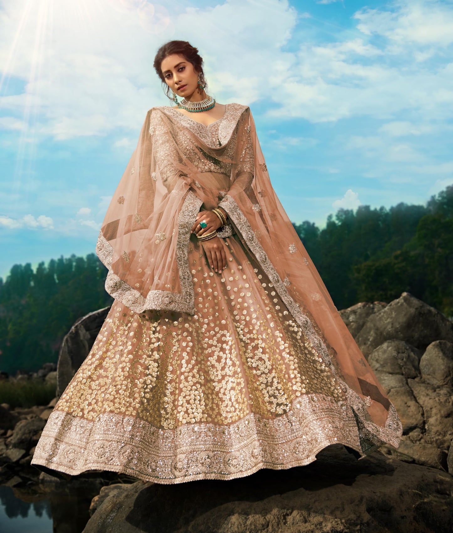 Divine Exim Women's Net Semi Stitched Lehenga Choli with Dupatta | Dori and Sequin Embroidery Pattern | Traditional, Wedding, Ethnic Wear Lehenga (Brown)