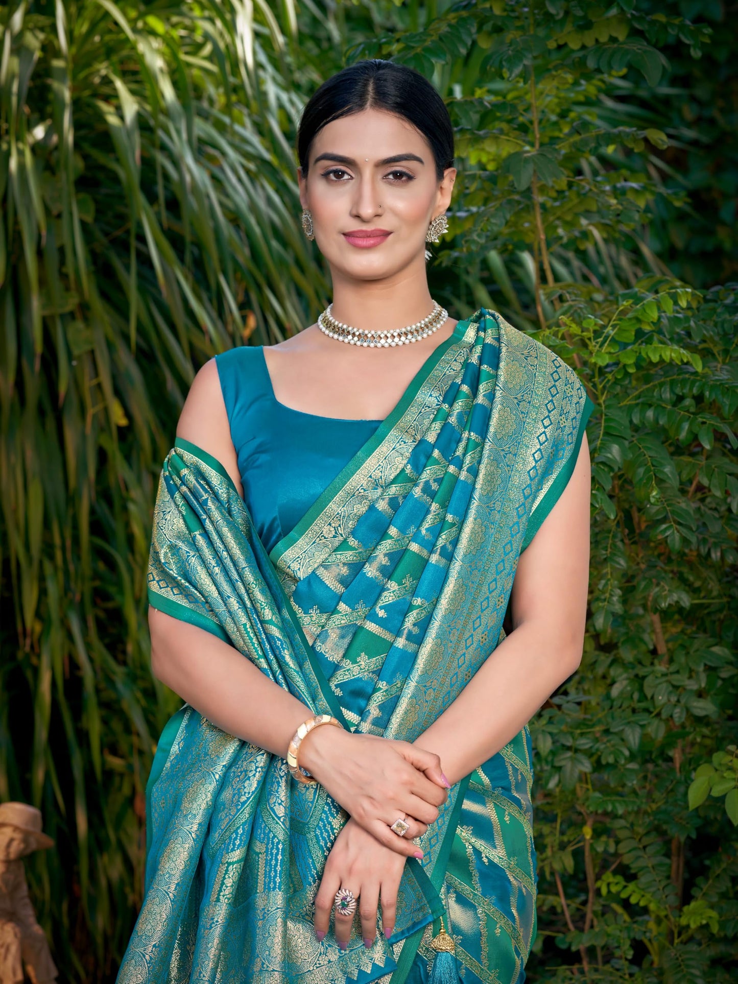 MANOHARI Women's Most Trendy Banarasi Satin Silk Woven Turquiose Blue Saree With Heavy Jacquard Work Saree With Blouse Piece_MN2042