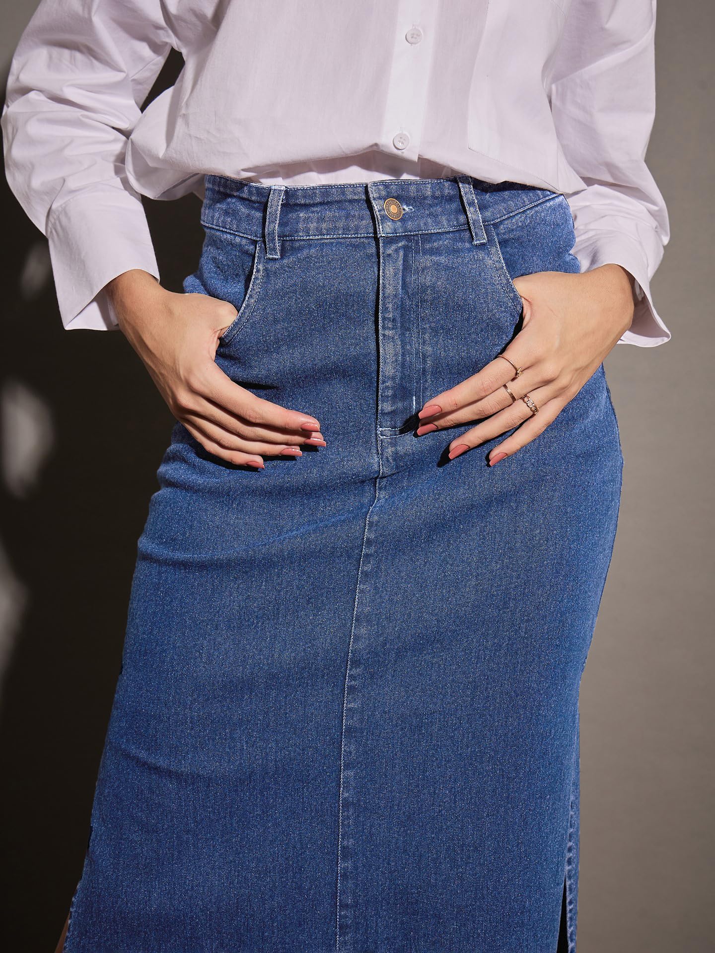 Ice Blue Denim Side Slit Midi Skirt