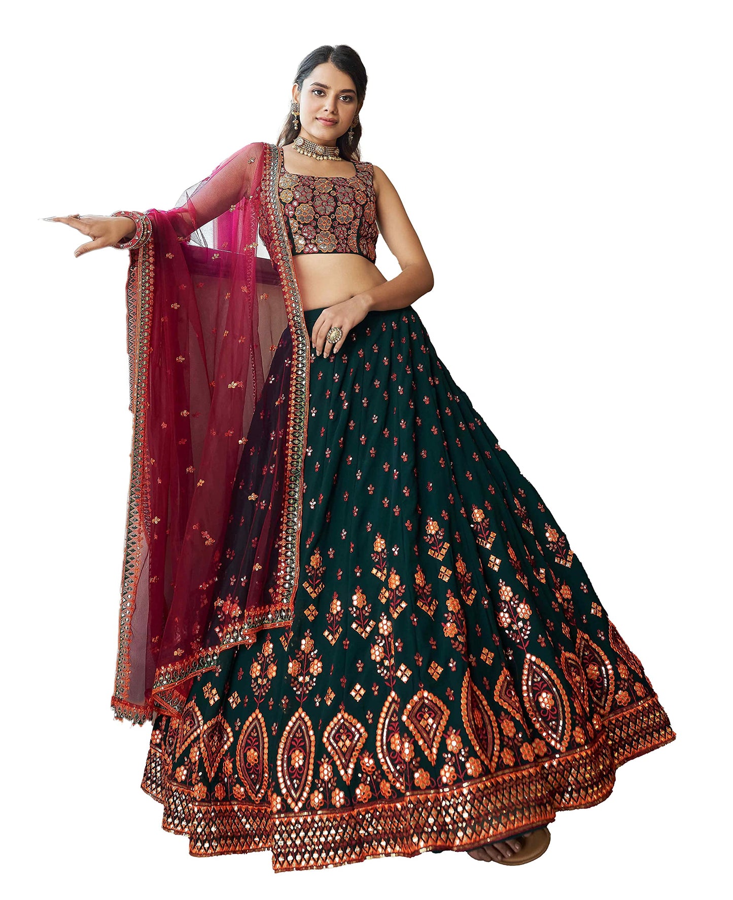 Divine International Trading Co Women's Georgette Embroidered Semi-Stitched Lehenga Choli with Dupatta (1944-Green-Wedding-Girlish-Latest-Lehenga; Free Size)