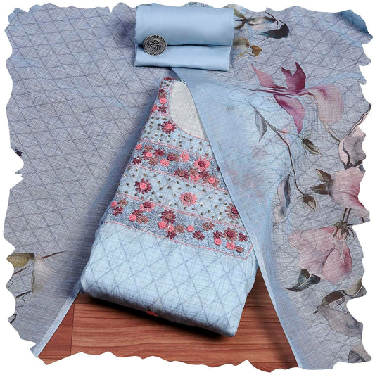 Biba Women Blue Cotton Blend Hand Embroidered Unstitched Suit Set_FREE SIZE