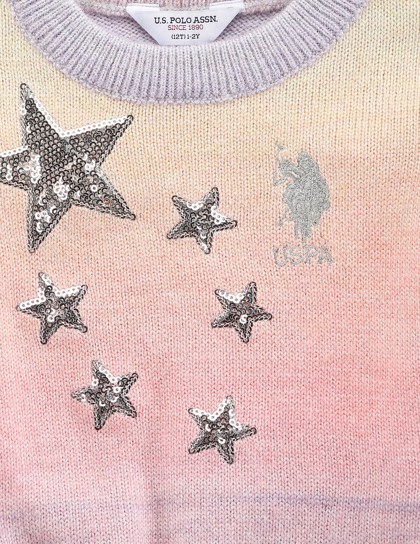 U.S. POLO ASSN. GirlsCrew Neck Embellished Sweater Pink and Grey