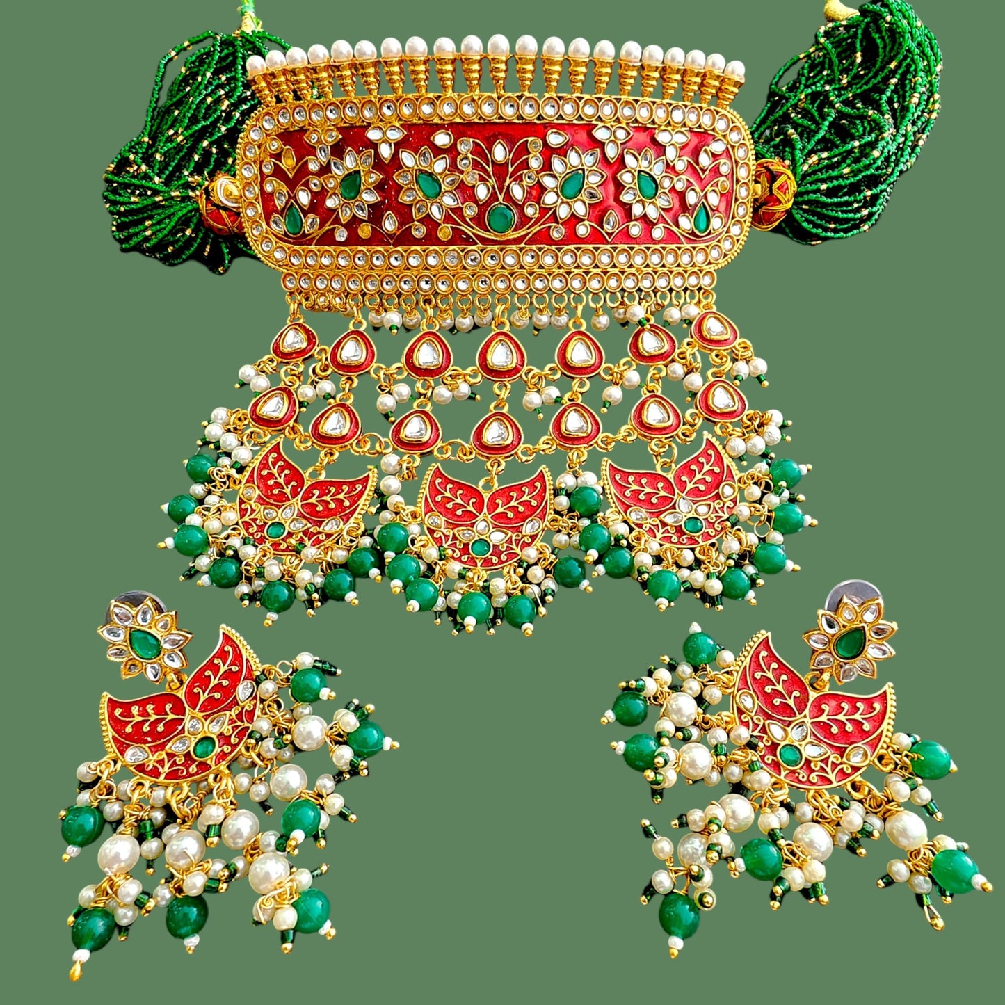 RAJASTHANI GAHANA Traditional Kundan Aad Necklace Jewellery Set with Earrings & Pearl Beads | Meenakari Bridal Choker Set for Women & Girls