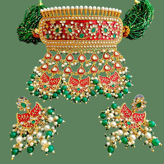 RAJASTHANI GAHANA Traditional Kundan Aad Necklace Jewellery Set with Earrings & Pearl Beads | Meenakari Bridal Choker Set for Women & Girls