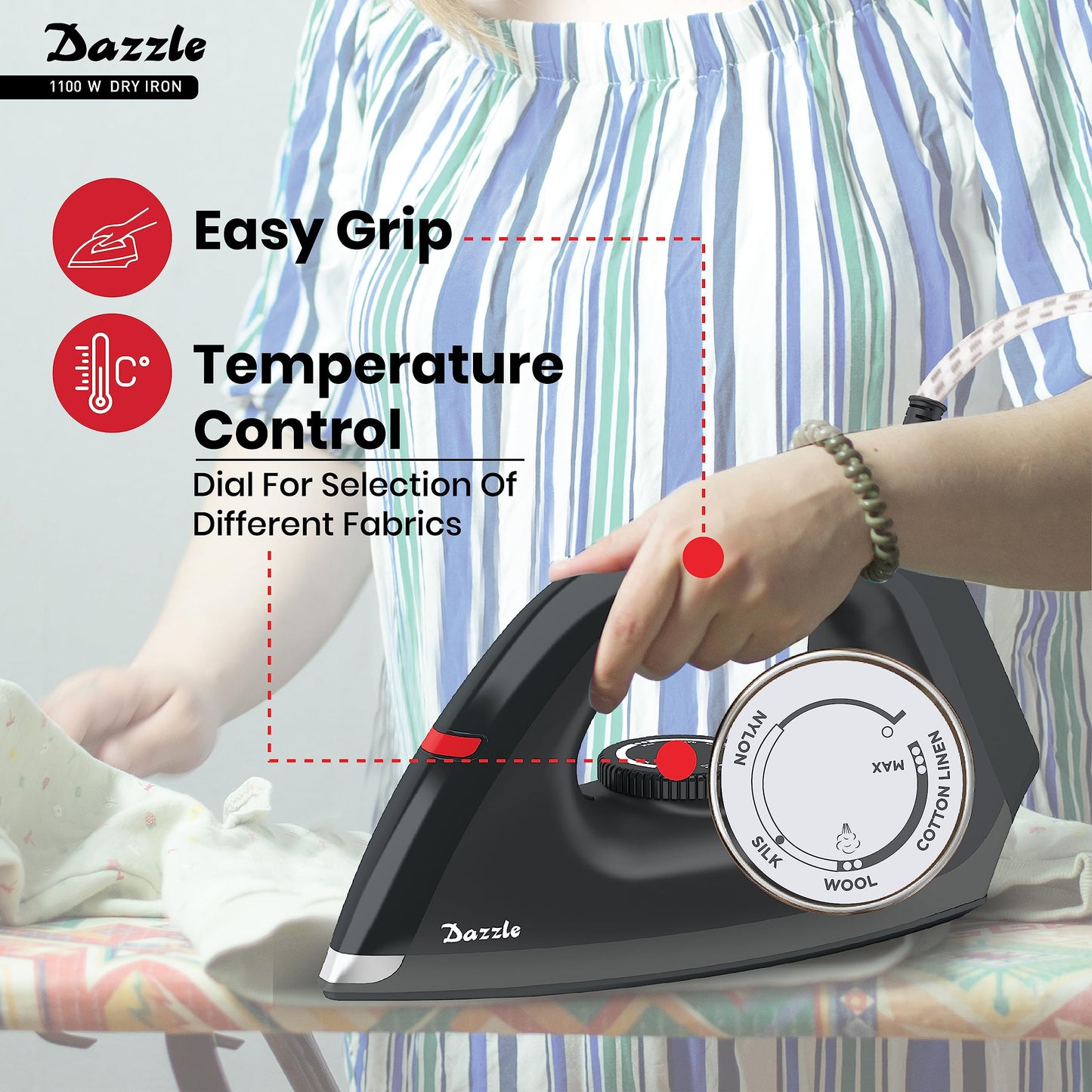 Havells Dry Iron Dazzle 1100 Watts, Iron Press, Greblon Non Sick Soleplate with German Technology, Shock Proof Body, Aerodynamic Design, 360° Swivel Cord, 2 Year Manufacturer Warranty (Black)