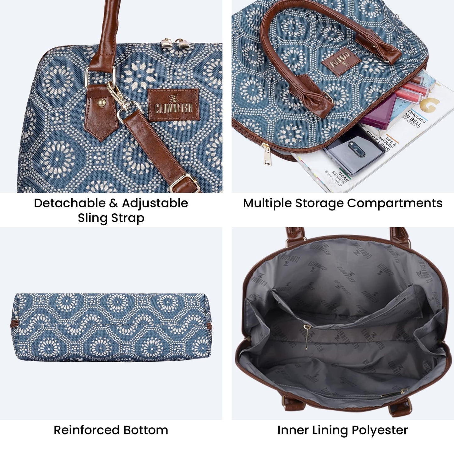 THE CLOWNFISH Montana Series Printed Handicraft Fabric & Faux leather Handbag for Women Office Bag Ladies Purse Shoulder Bag Tote For Women College Girls (Cerulean Blue)