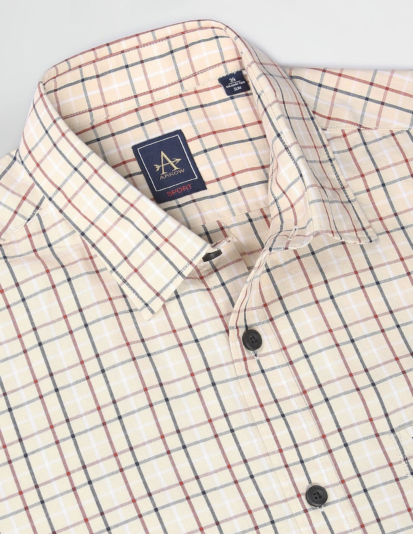 Arrow Men's Checkered Full Sleeve Slim Fit Point Collar Cotton Casual Shirt Beige