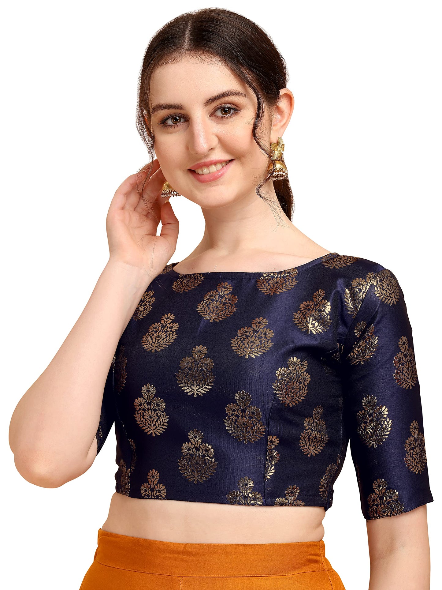 OOMPH! Women's Indian Ethnic Wear Designer Floral Pattern Zari Work Boat Neck Half Sleeve Readymade Non - Padded Blouse for Saree and Lehnga and Palazzos or Skirts for a Fusion Twist.