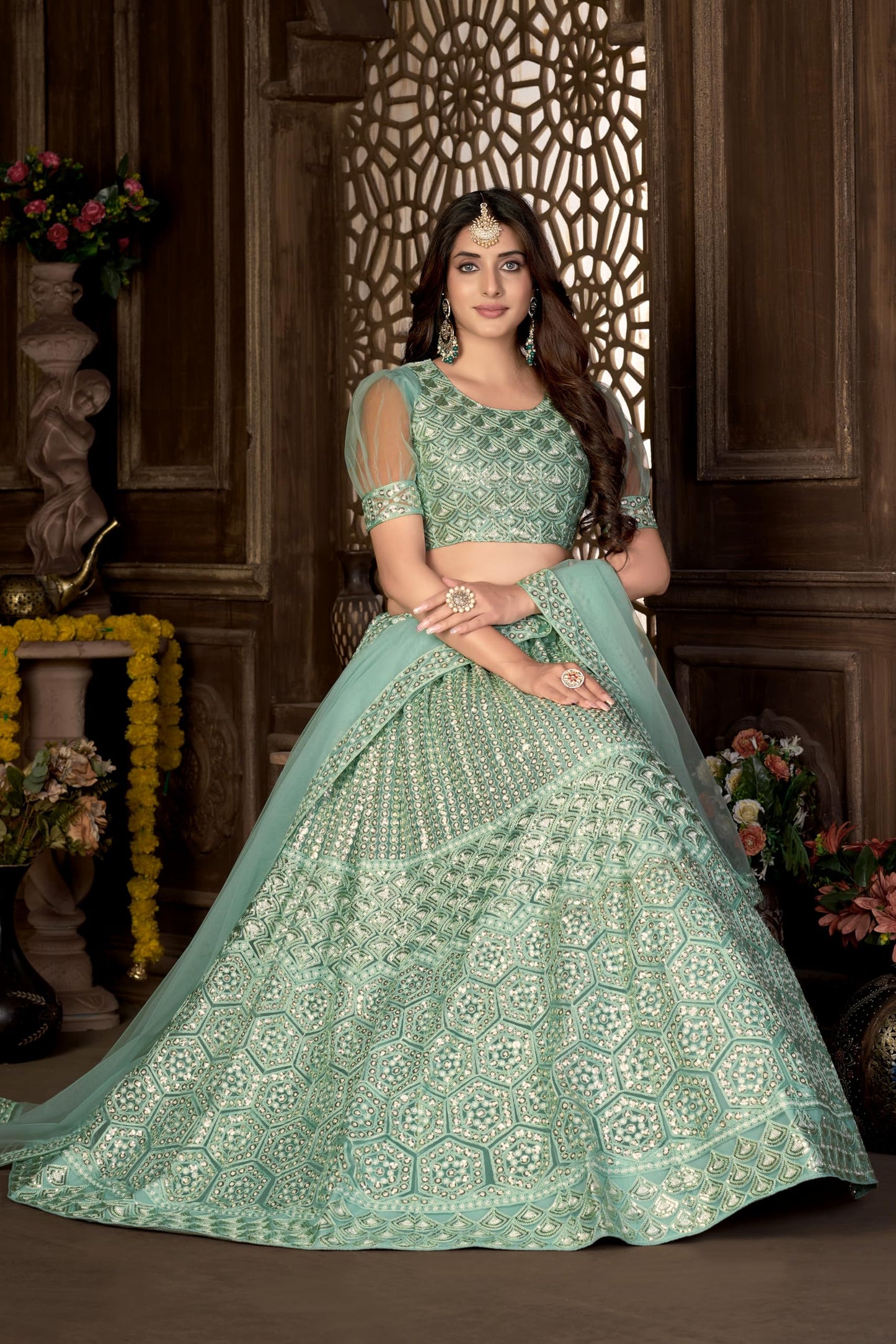 VARNI FABRICS Lehenga set for Women Net Embroidered Sequence Zari Work Semi Stitched Lehenga for Women Wedding Ethnic Traditional Party Lehenga Choli with Dupatta Mehndi Reception| Green | Free Size