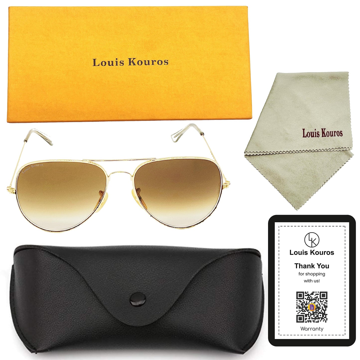 Louis Kouros Armstoner Aviator Classic 3026 sunglasses | Gold Frame | Brown Gradient Lens | Mirror Lens | 400 UV Protection | Medium