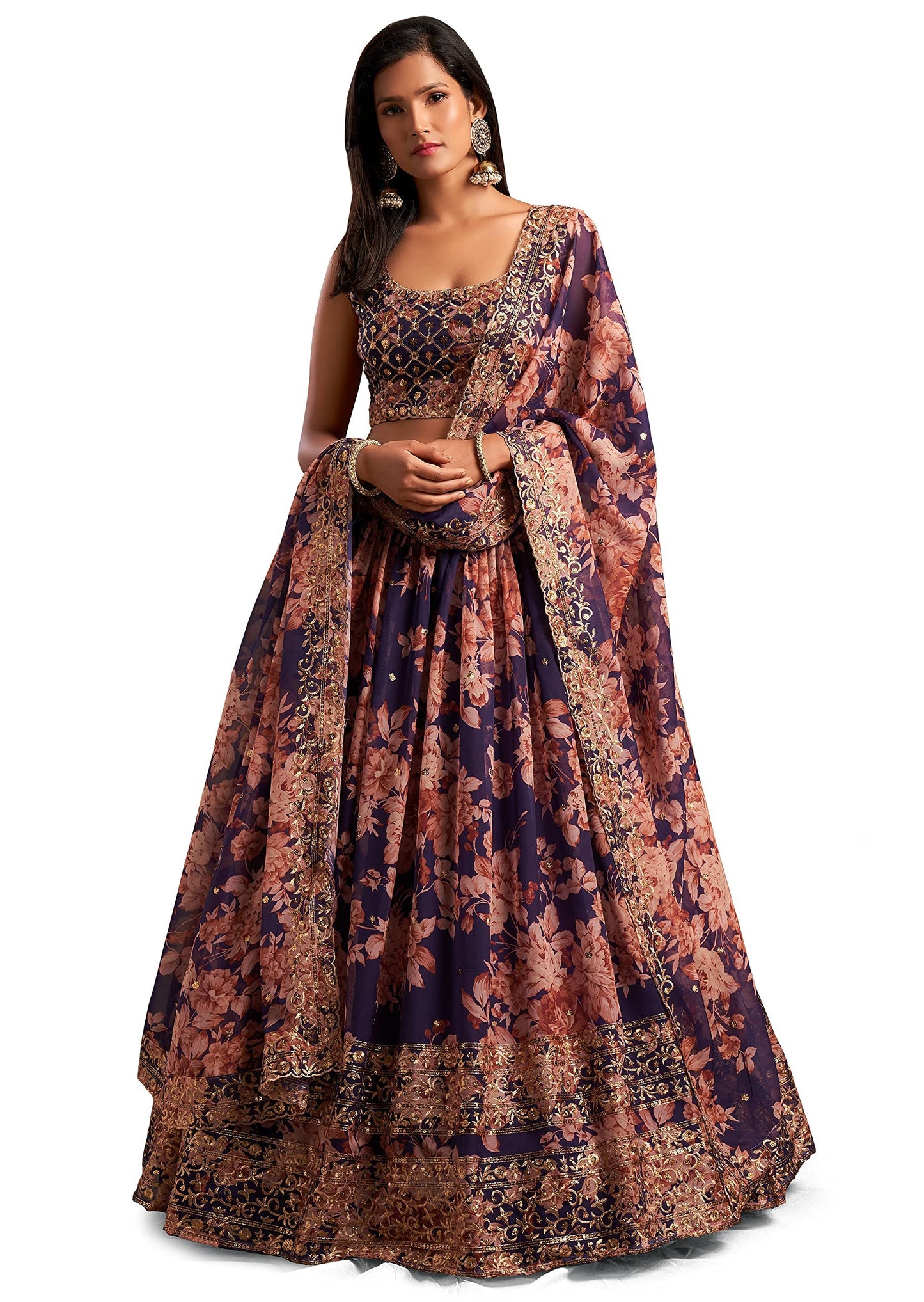 Zeel Clothing Women's Organza Floral White Semi-Stitched Lehenga Choli (7618-Purple-Wedding-Floral-Lehenga; Dark Purple)