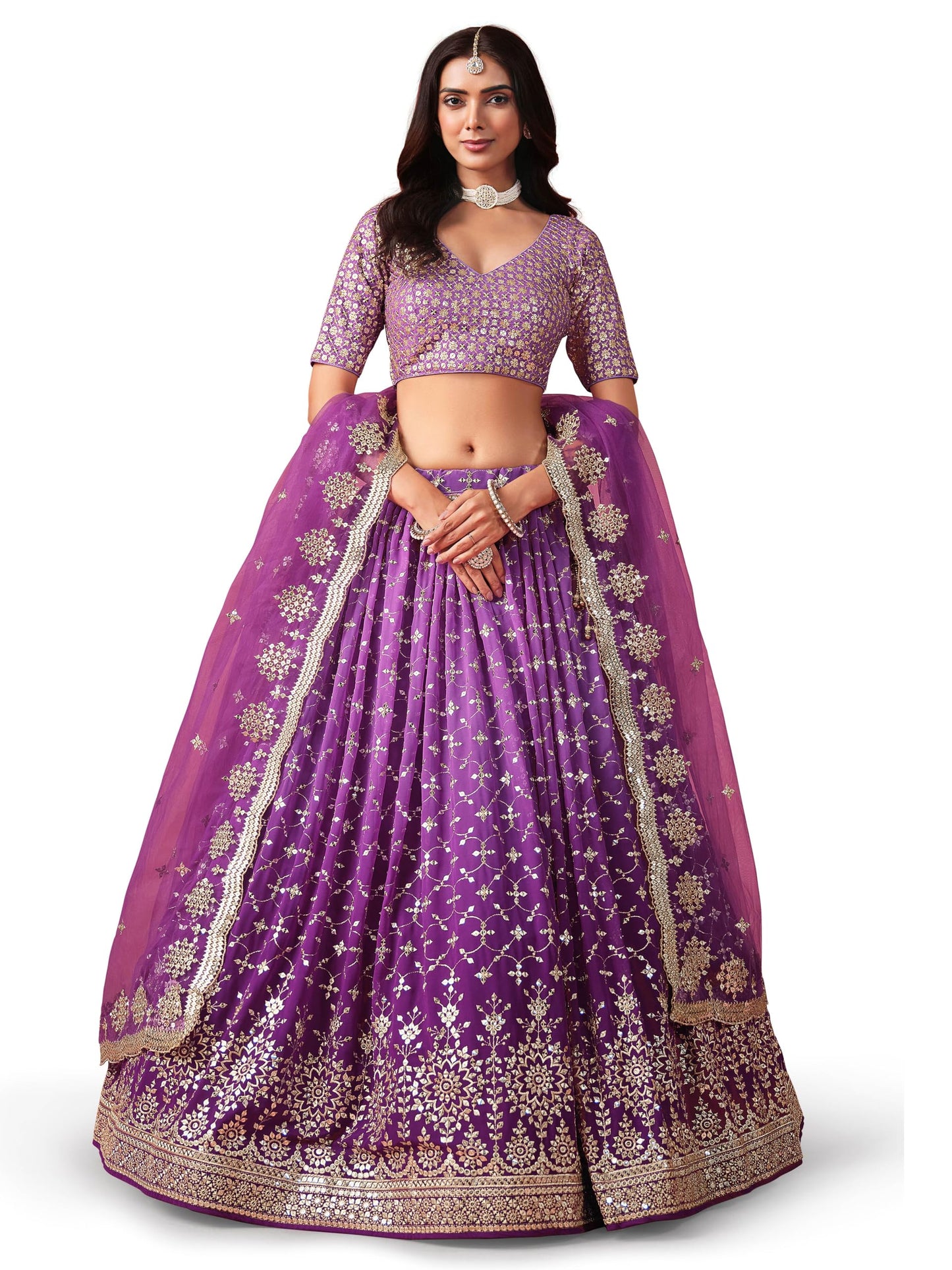 Zeel Clothing Women's Sequins Zari Embroidered Georgette Lehenga Choli With Dupatta (7086-Women-Lehenga-Choli-Latest, Free size) (Purple)