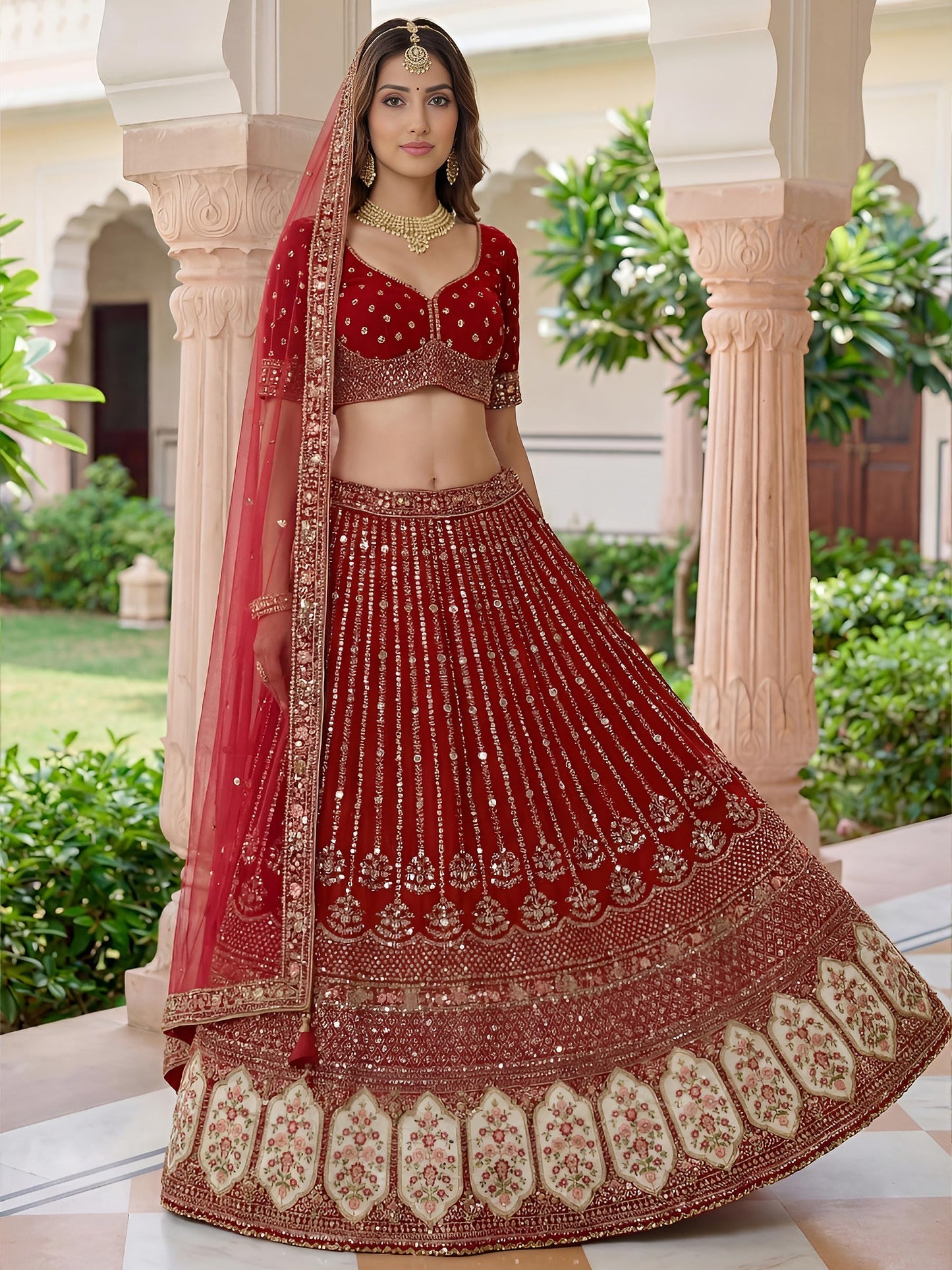 Zeel Clothing Women's Zari, Dori, and Resham With Sequins Embroidered Work Organza Lehenga Choli With Dupatta (5113-Maroon-Women-Lehenga-Choli-Latest; Free size)