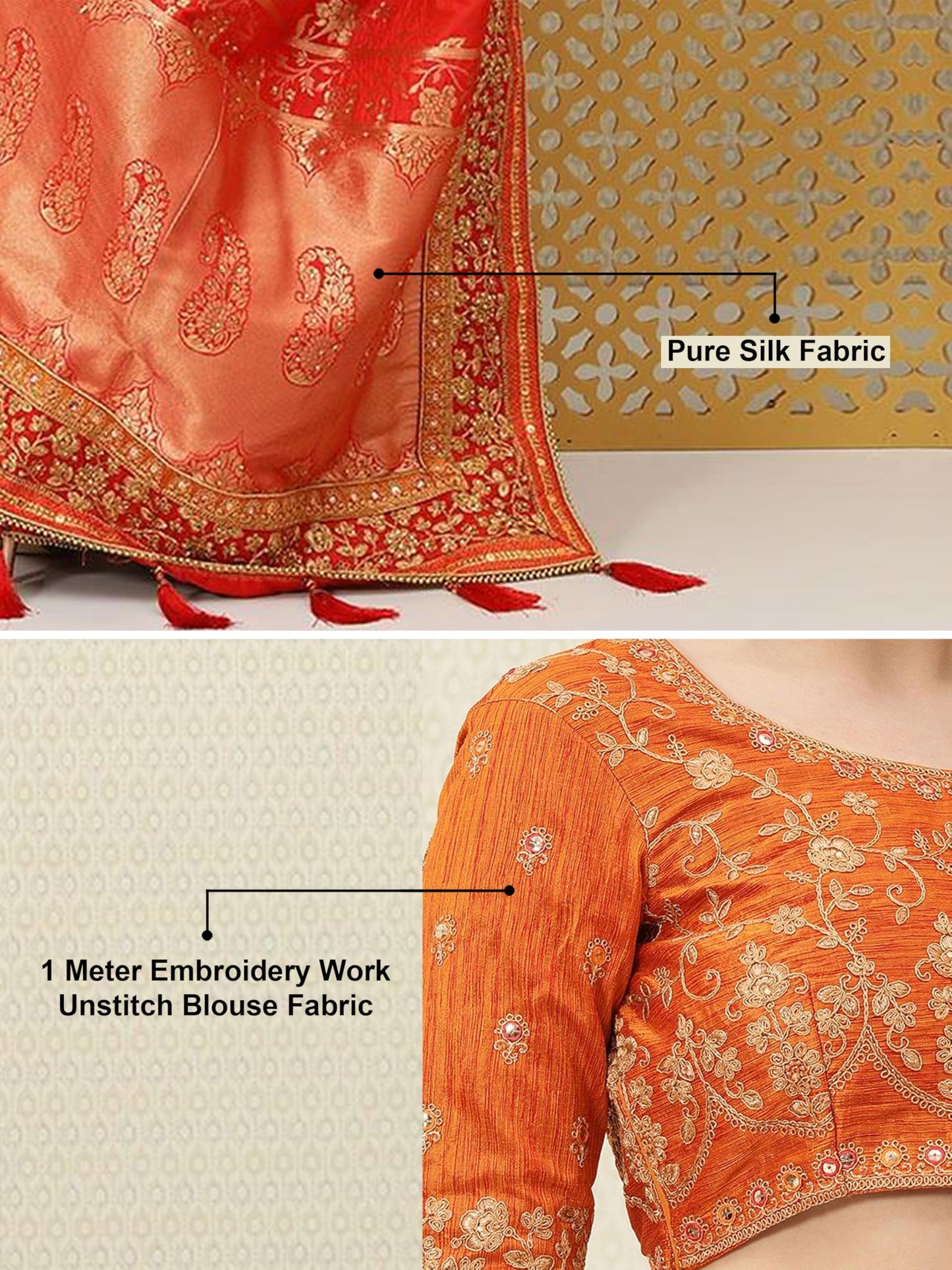 TRENDMALLS Women's Pure Silk Embroidery Work Saree with Unstitch Blouse Piece (K1112-Red)