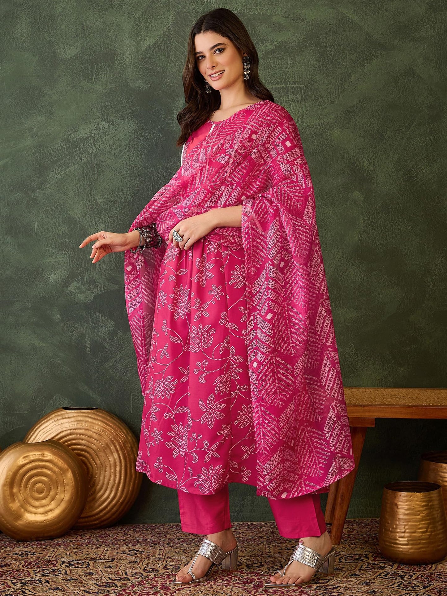 VARNI FABRIC Rayon Kurta Set for Women |Full Sleeves Floral Printed A-Line Kurta Set | Woman Salwar Suit with Pant & Dupatta | Festive Wedding Ethnic Wear | Prefect for Office Summer | Rani | 2XL