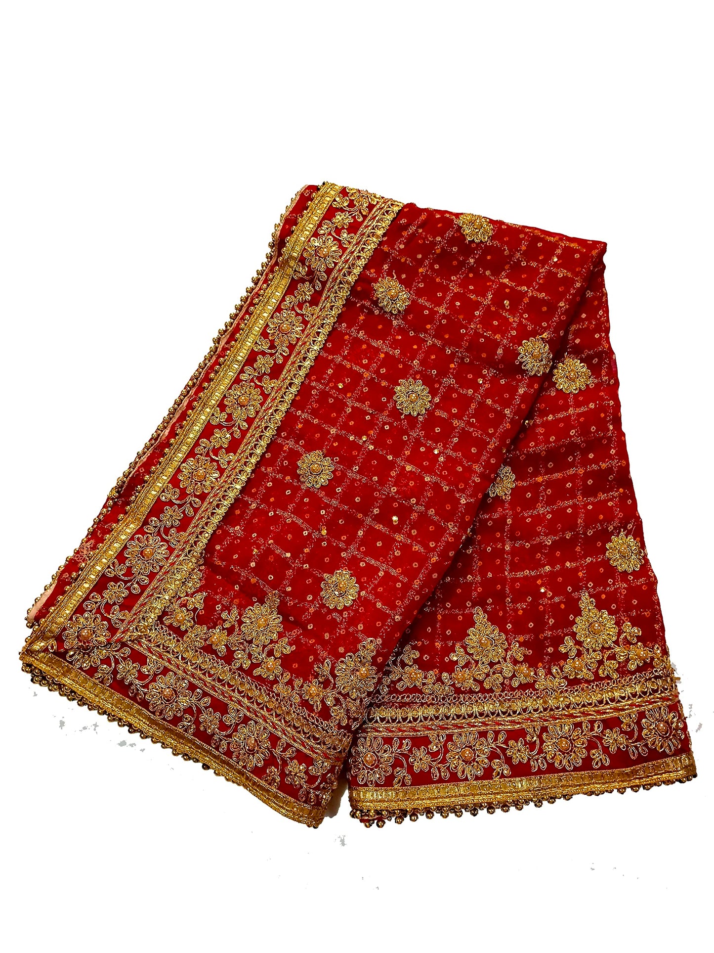 asha chunri house Women Red Bridal Bandhani Dupatta With Velvet Border And Moti 2.25 Mtr