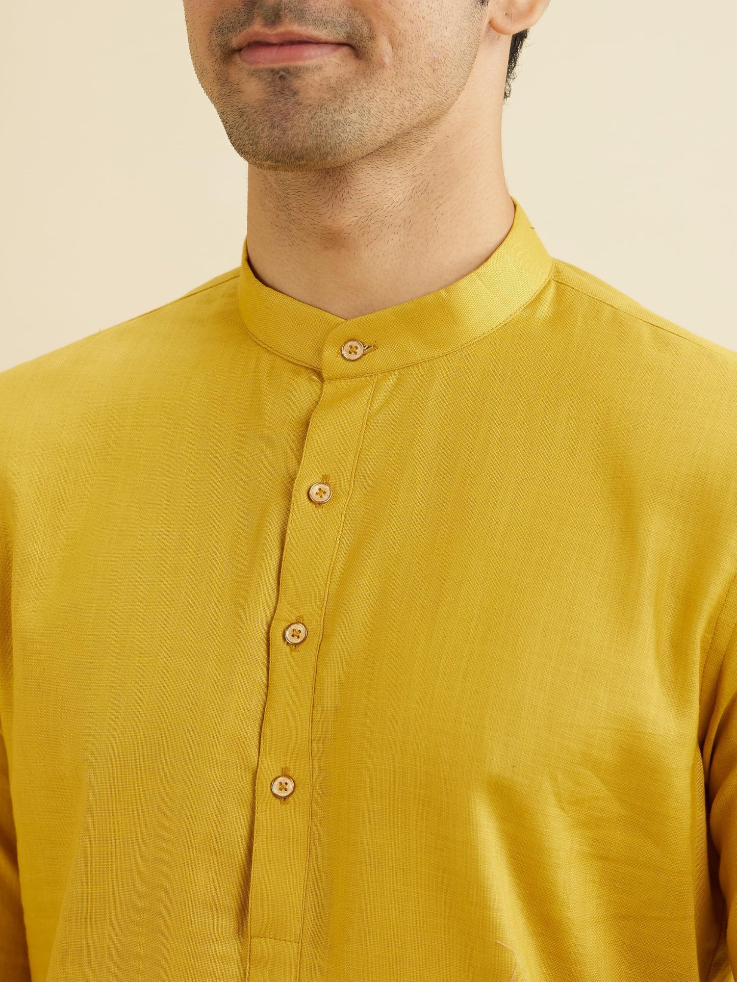 Manyavar Men's Cotton Solid Kurta (Mustard,L)
