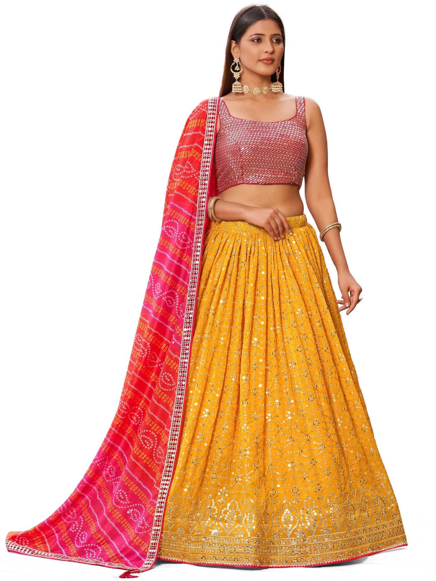 Zeel Clothing Sequins Zari Embroidered Georgette New Lehenga Choli With Dupatta (5076-Yellow-Wedding-Stylish-New; Free Size)