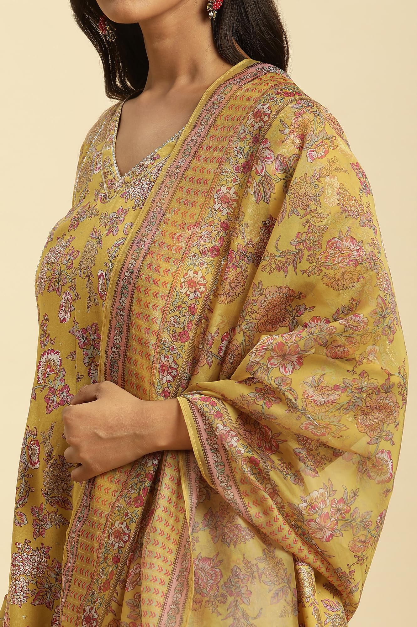 W for Woman Yellow Floral Printed Short Flared Kurta, Sharara and Dupatta Set_24AUWS19717-121051_2XL
