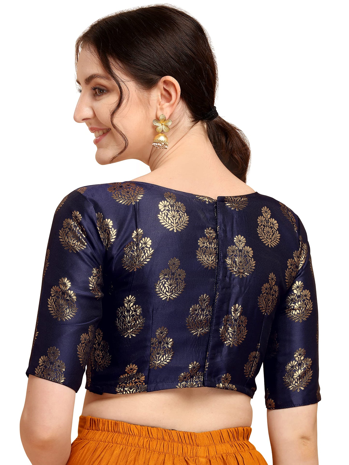 OOMPH! Women's Indian Ethnic Wear Designer Floral Pattern Zari Work Boat Neck Half Sleeve Readymade Non - Padded Blouse for Saree and Lehnga and Palazzos or Skirts for a Fusion Twist.