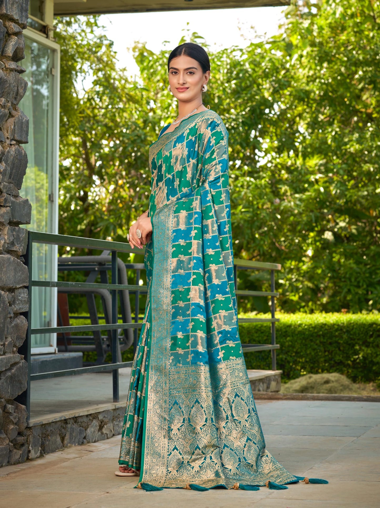 MANOHARI Women's Most Trendy Banarasi Satin Silk Woven Turquiose Blue Saree With Heavy Jacquard Work Saree With Blouse Piece_MN2051