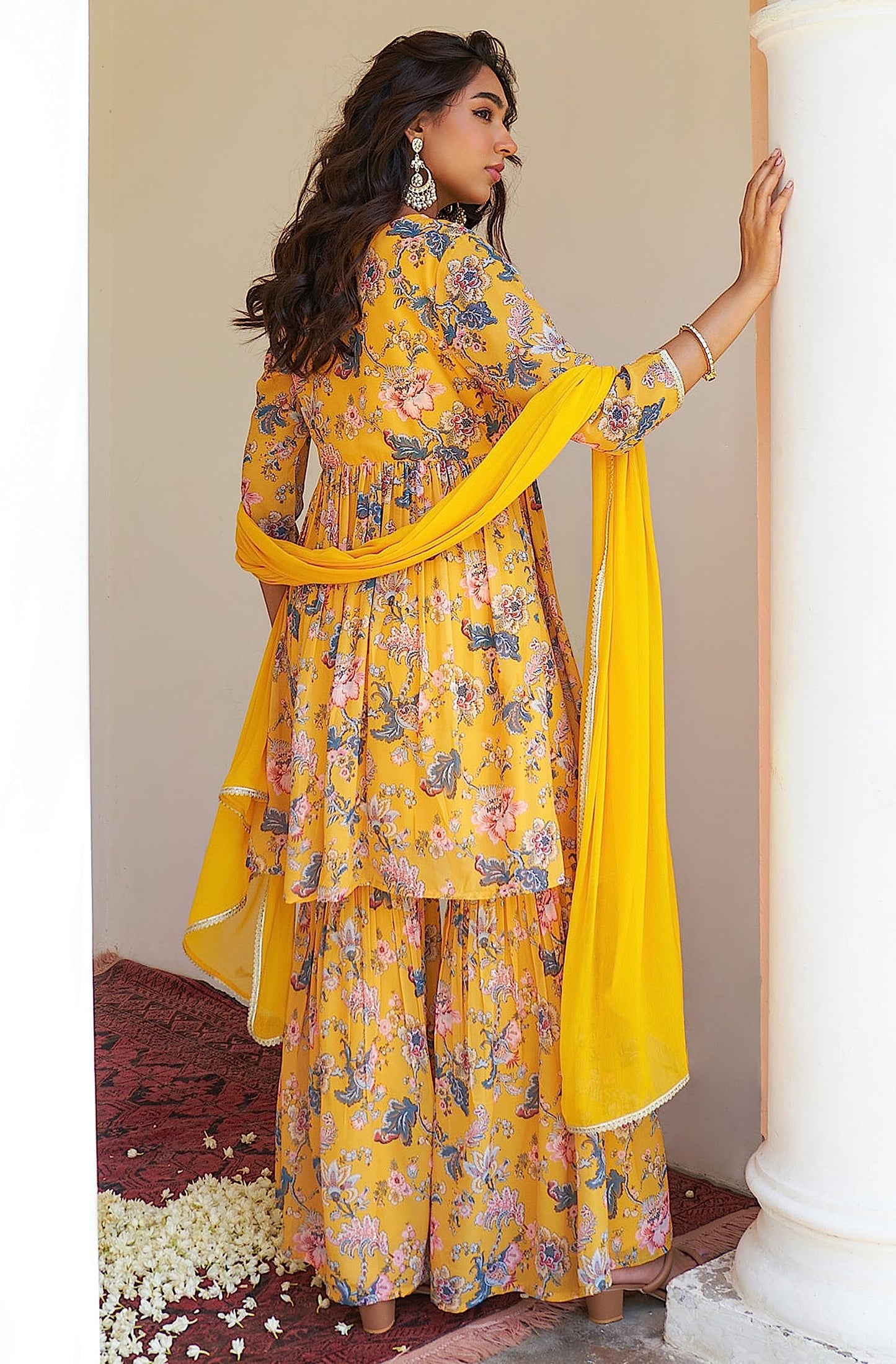 Janasya Women's Yellow Georgette Digital Floral Printed Kurta with Sharara and Dupatta(SET754-KR-SHA-R-XL)
