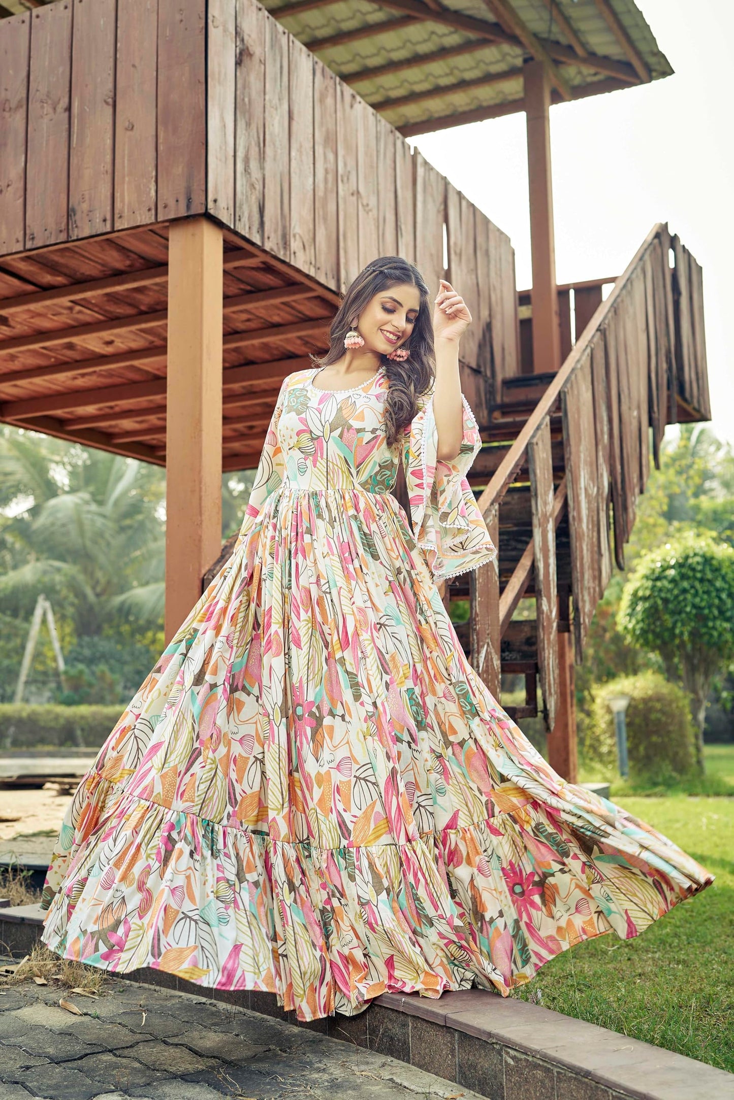 Samprag Rayon Gown for Women | Full Length | Printed | Fit & Flare | Flared & Bell Sleeves | Round Neck | Ethenic Dress | Ideal for Casual, Wedding & Party | Off-White & Sky Blue | S