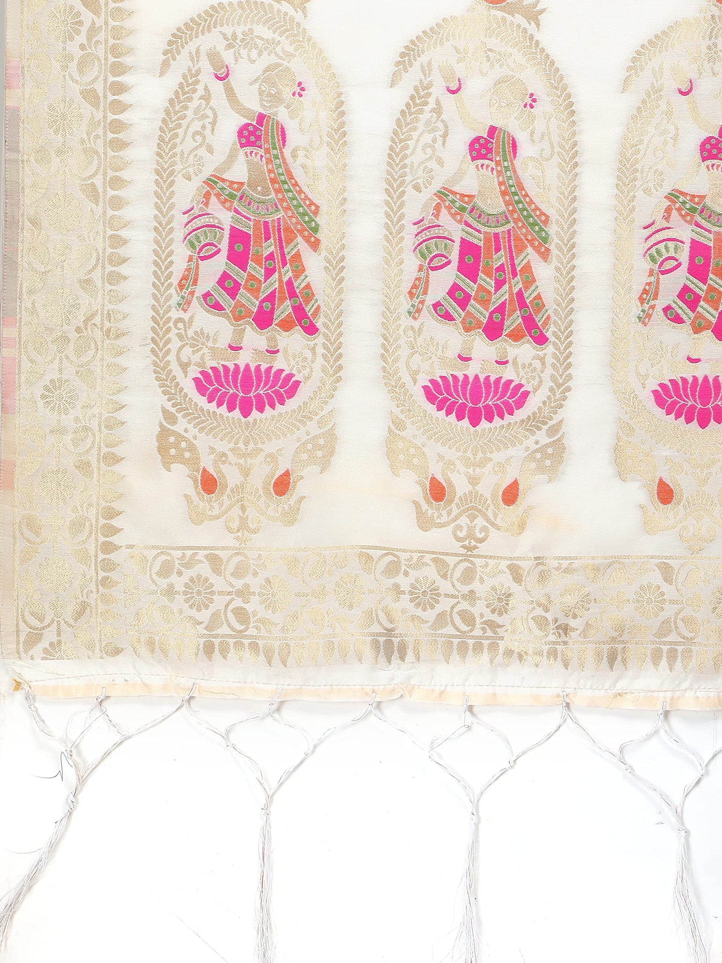 DEVANGI Women's Woven Banarasi Silk Zari Dupatta/Chunni, Width 1 Meter, Length 2.5 Meter (OM-DT-05-WHITE)