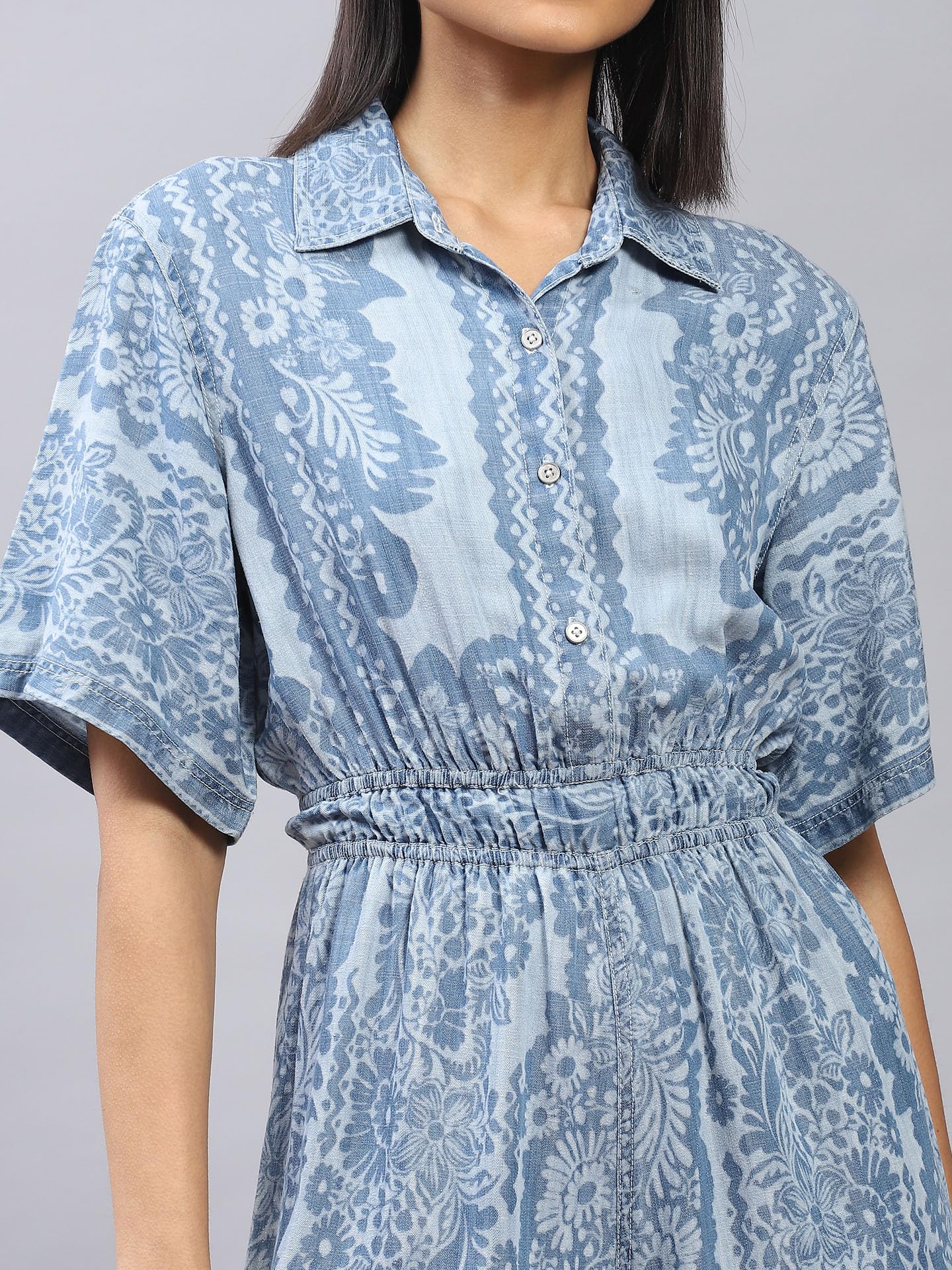 Label RITU KUMAR Blue Floral Print Denim Jumpsuit
