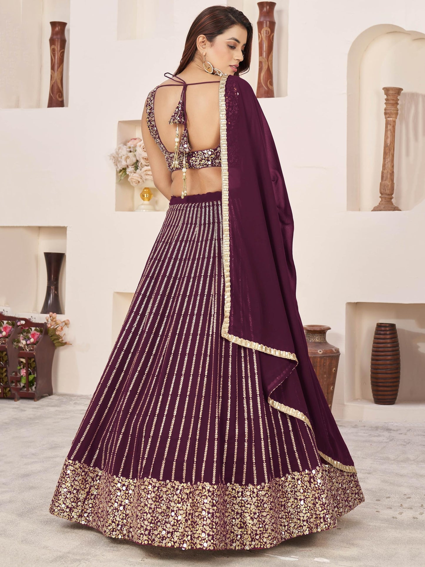 Zeel Clothing Womens Sequins Zari Embroidered Pure Georgette Semi-Stitched Lehenga and Choli Set(5067-Wine-Wedding-Lehenga-Choli-Latest; Free Size)