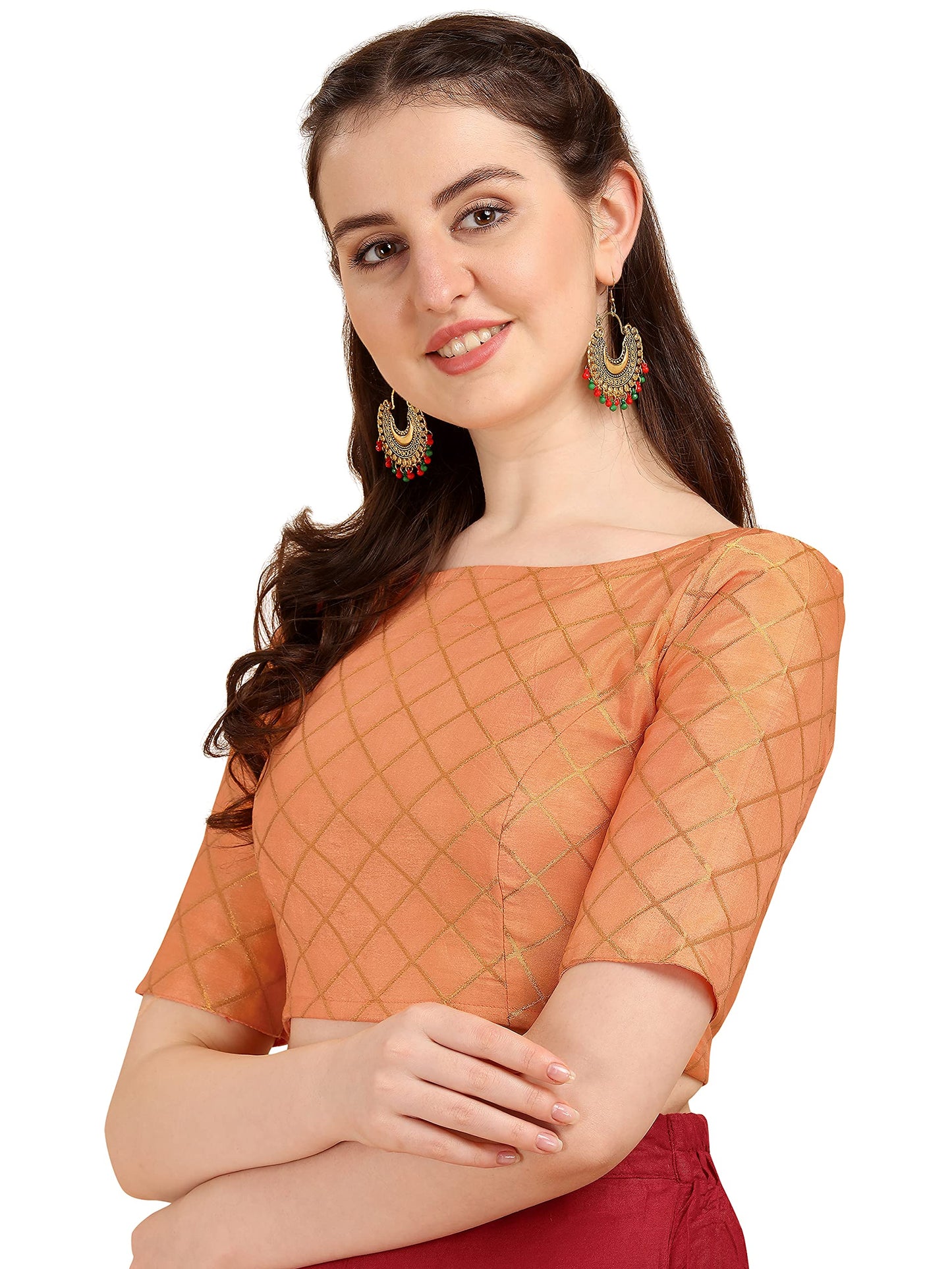 OOMPH! Women's Art Silk Checkered Half Sleeve Blouse (rbbl68l_Salmon Red_L)