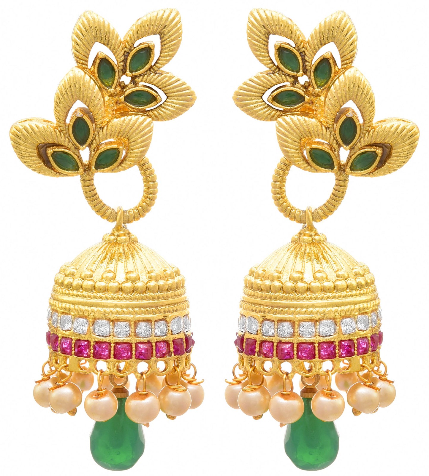 JFL - Traditional Ethnic One Gram Gold Plated Green & Red Stone CZ American Diamond Design Jhumki Earring for Women & Girls,Valentine