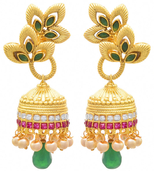 JFL - Traditional Ethnic One Gram Gold Plated Green & Red Stone CZ American Diamond Design Jhumki Earring for Women & Girls,Valentine