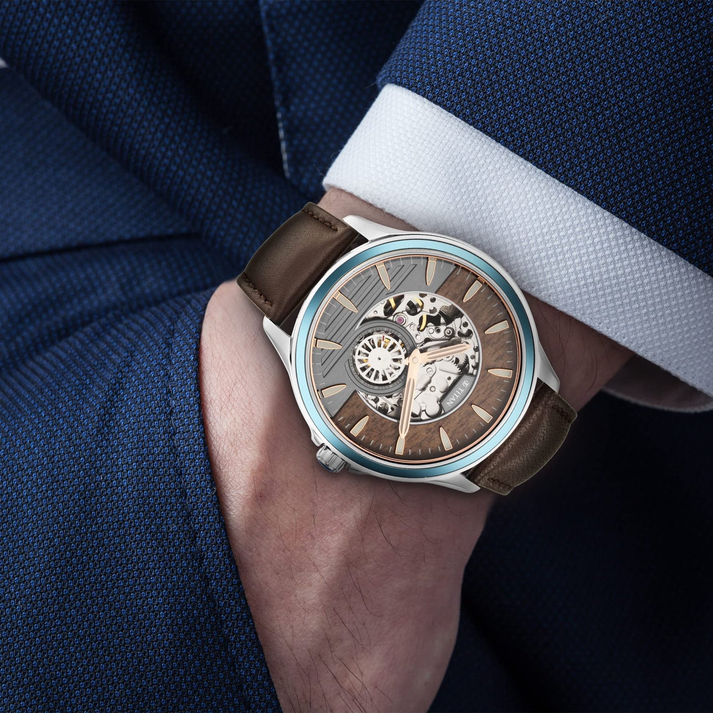 Titan Maritime Automatic Anthracite and Brown Bi-Colour Dial Brown Leather Strap Watch for Men - NT1793KL02