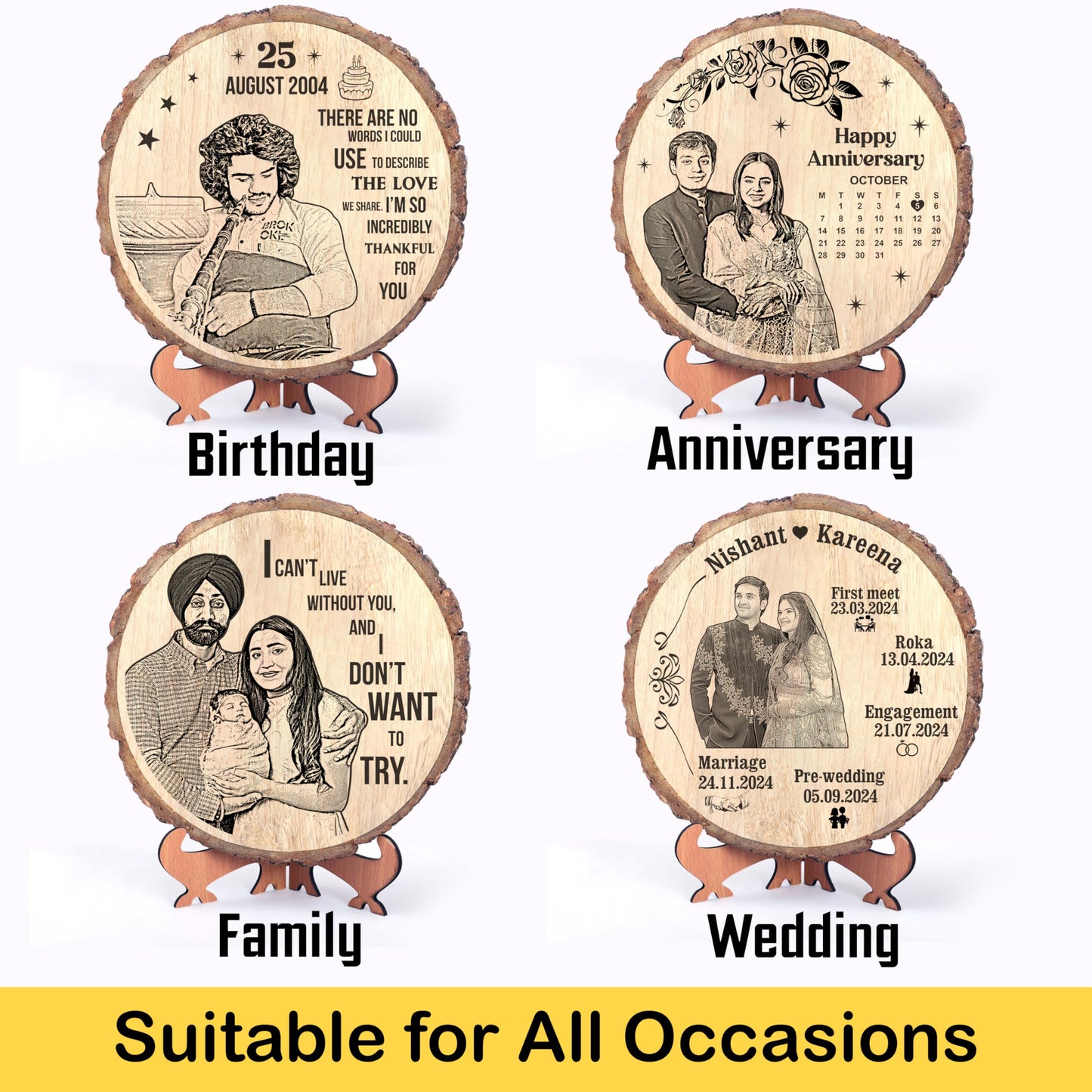 Personalized Engraved Natural Wooden Slice Photo Frame With Wood Stand, Best Gift for Birthday, Anniversary, Wedding, Retirement, Valentine etc. (8 Inches, Brown, Tabletop)