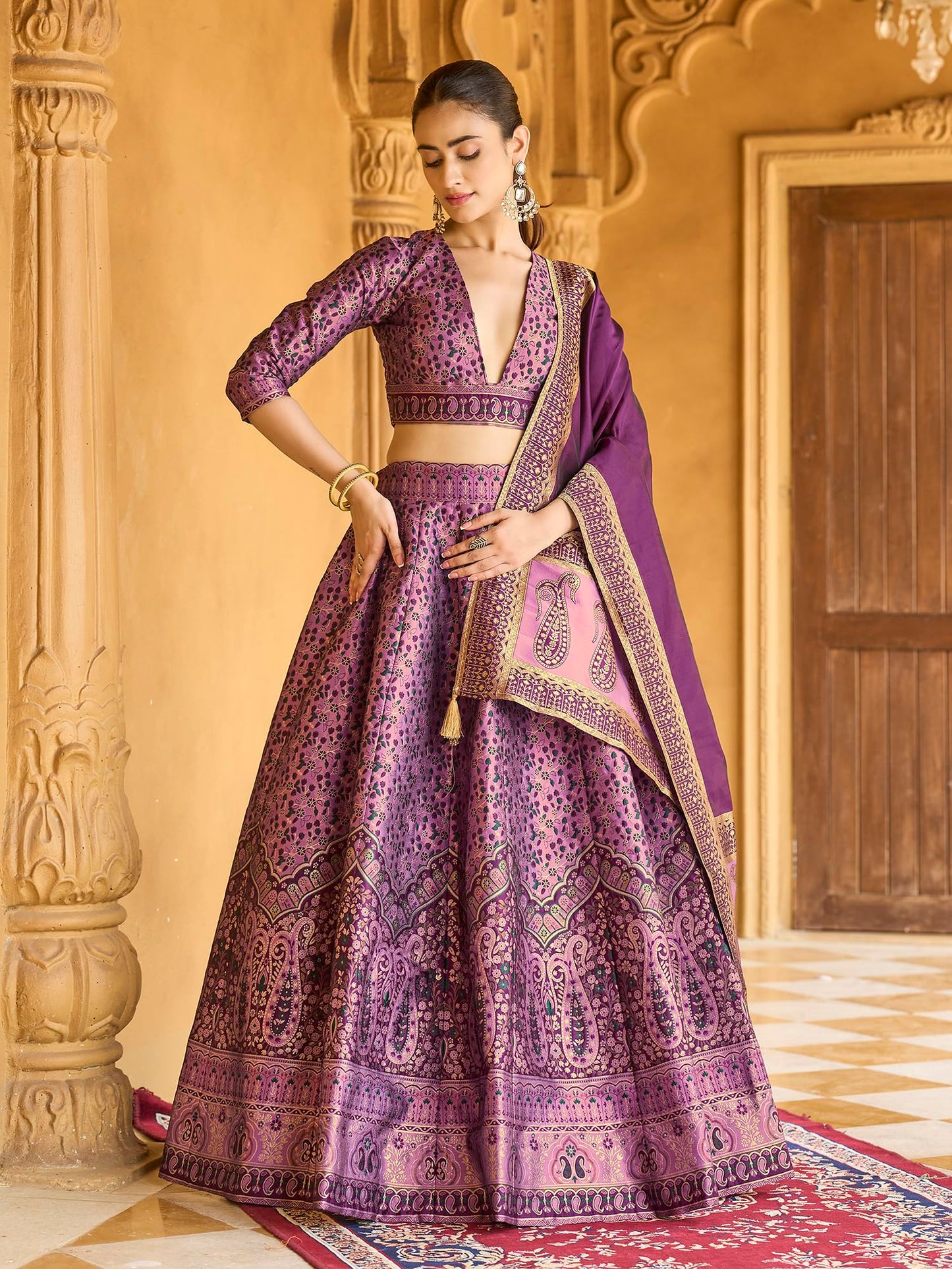 PURVAJA Women's Kanjiwaram Semi-Stitched Lehenga choli (Nadira-Purple_Free Size)