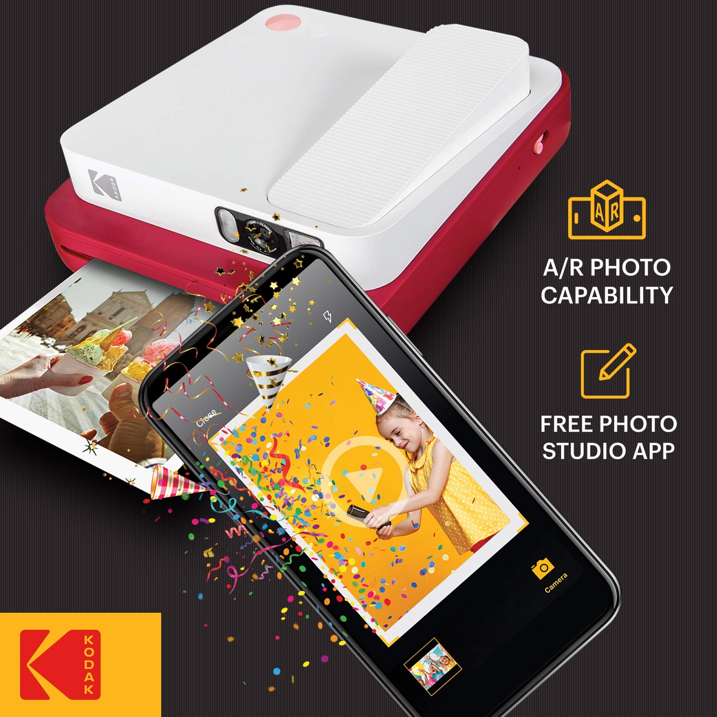 KODAK Smile Classic Digital Instant Camera with Bluetooth (Red) w/ 10 Pack of 3.5x4.25 inch Premium Zink Print Photo Paper.