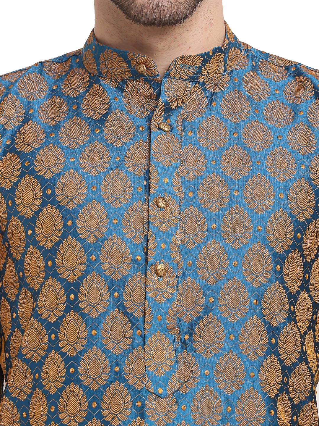 Jompers Men Green Jacquard Woven Design Kurta Pyjama. (Blue, M)