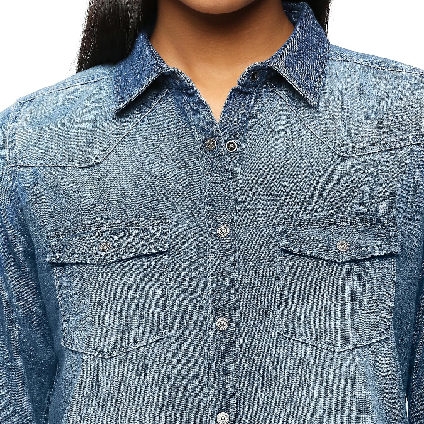 Pepe Jeans Women's Solid Regular Fit Shirt (PL304772CA0_Dark WASH_Mid Indigo Blue