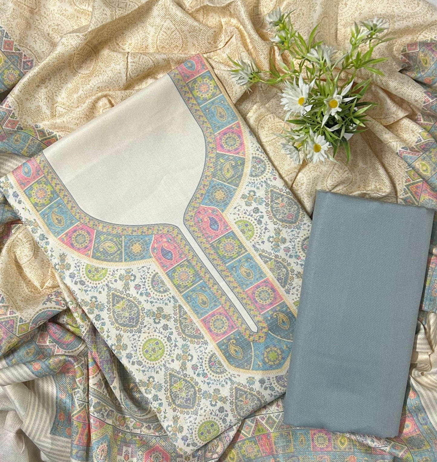 EJS Women's Unstitched Woolen Pashmina Printed Salwar Suit Dress Material With Soft/Pashmina Shawl (Grey)