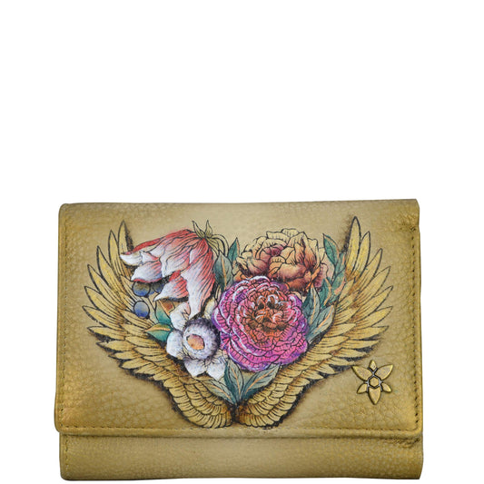 Anuschka Women's Hand-Painted Genuine Leather RFID Blocking Small Flap French Wallet - Angel Wings