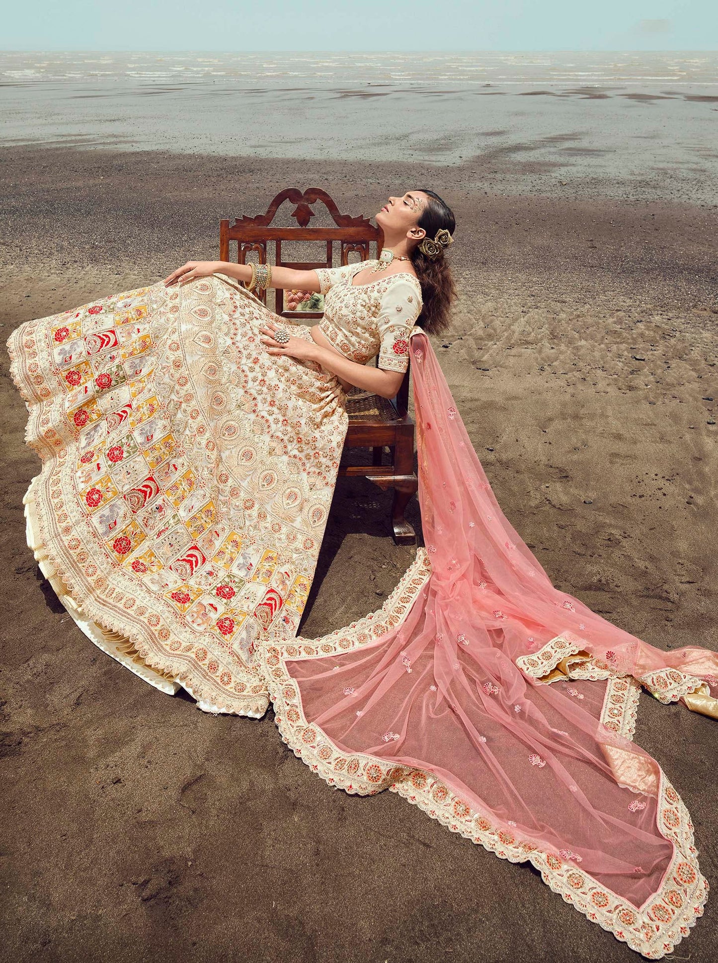 FUSIONIC Alluring White color organza base zarkan work lehenga choli For Women