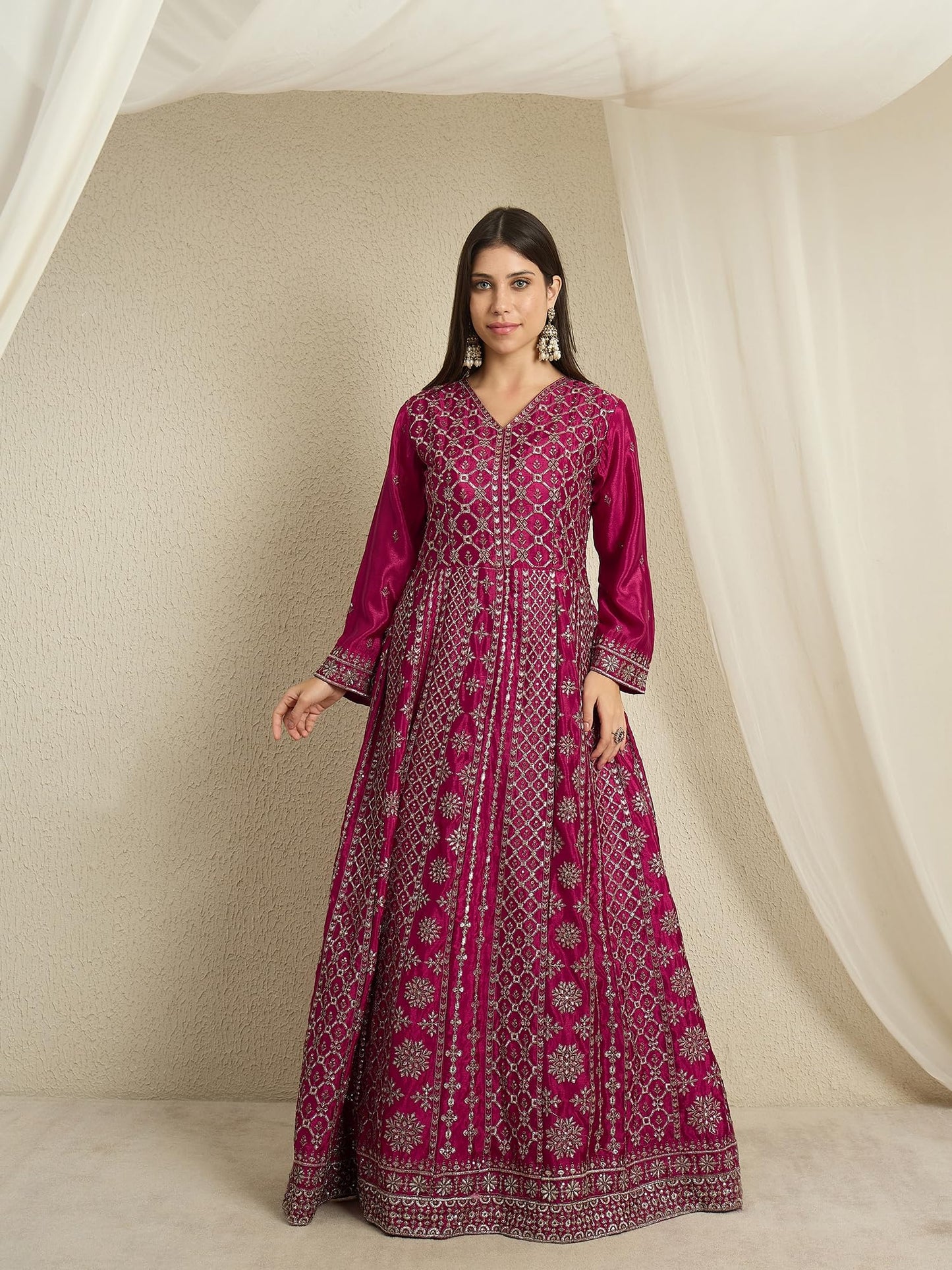 Miss Ethnik Women's Maroon Chinon Stitched Gown with Dupatta Full Sleeve Embroidered A-Line Gown (MEY-1236-Maroon-M)